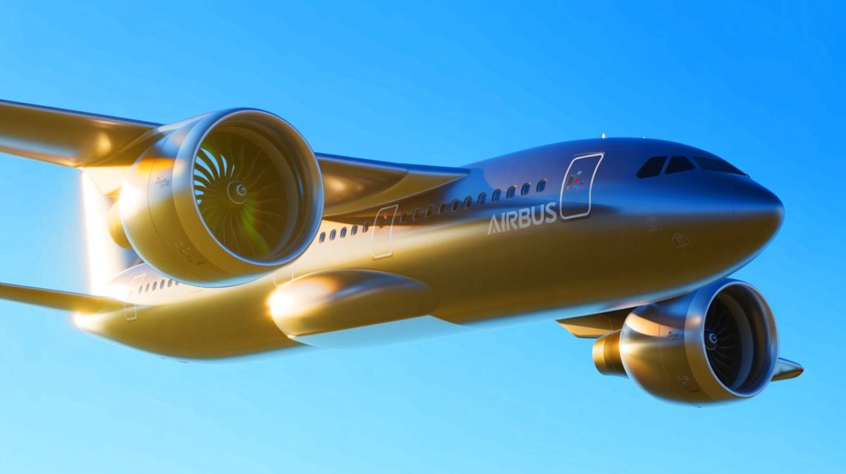 Illustration de l'innovation technologique du successeur de l'A320 avec des ailes adaptatives et un moteur « open fan ».