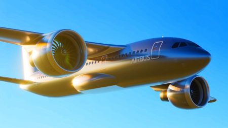 Illustration de l'innovation technologique du successeur de l'A320 avec des ailes adaptatives et un moteur « open fan ».