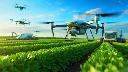 Illustration de l'utilisation innovante des drones dans la gestion agricole moderne.