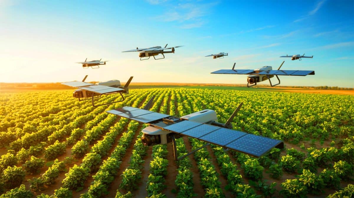 Illustration de l'intégration des drones solaires dans les pratiques agricoles modernes.