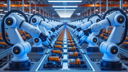 Illustration de l'essor de la robotique industrielle en Chine avec des bras robotiques sur une chaîne de production.