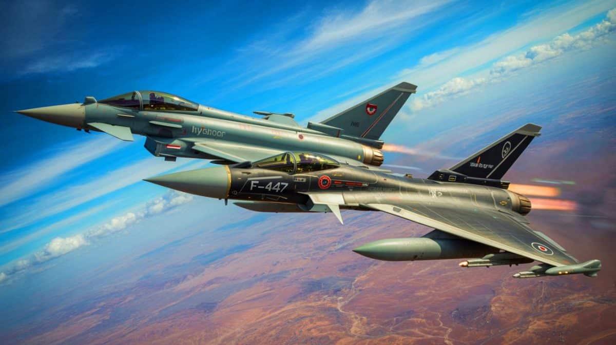 Illustration de la confrontation entre l'Eurofighter Typhoon et le F-47 NGAD dans le domaine de l'aviation militaire.