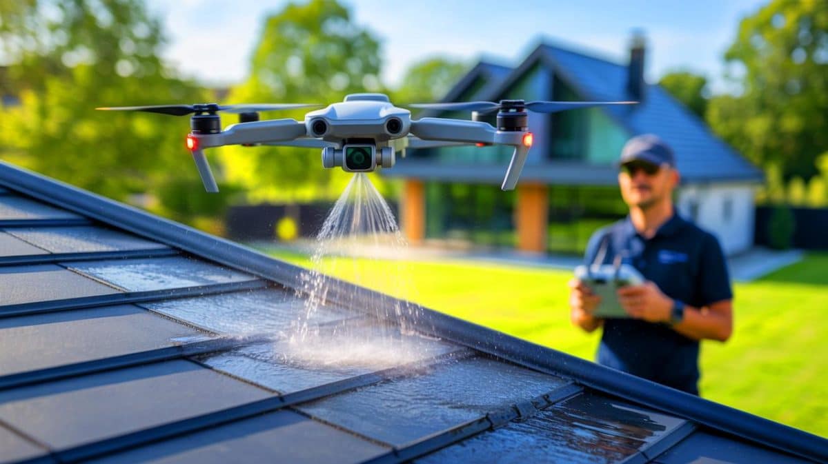 « Voici le drone qui nettoie les toitures » : une technologie inédite qui remplace l’échelle et réduit les risques de chute Illustration de l'utilisation de drones pour le nettoyage efficace des toitures.