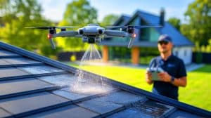 Illustration de l'utilisation de drones pour le nettoyage efficace des toitures.