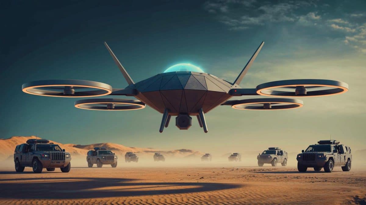 Illustration de la présentation des drones YFQ-44A et YFQ-42A dans le cadre du programme d'avions de combat collaboratifs.