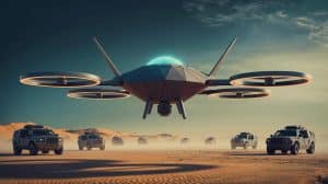 Illustration de la présentation des drones YFQ-44A et YFQ-42A dans le cadre du programme d'avions de combat collaboratifs.