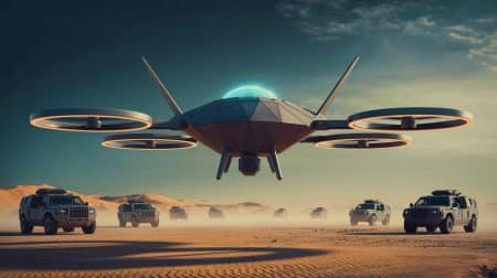 Illustration de la présentation des drones YFQ-44A et YFQ-42A dans le cadre du programme d'avions de combat collaboratifs.