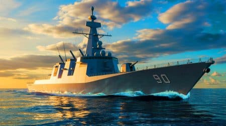 Illustration de la mise en service du Choe Hyon, le nouveau destroyer de la Corée du Nord.