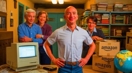 Illustration de Jeff Bezos sollicitant ses parents pour investir dans Amazon en 1995.