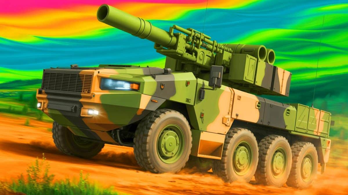Illustration de l'artillerie mobile Griffon MEPAC en action sur le terrain.