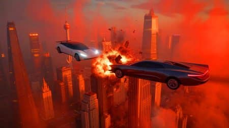 Illustration de l'accident entre deux voitures volantes chinoises lors d'une démonstration aérienne.