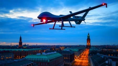 Illustration de l'incident de drones non identifiés perturbant l'espace aérien de l'aéroport de Copenhague.