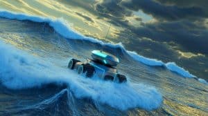 Illustration de C-Star, un robot marin collectant des données au cœur d'un ouragan de catégorie 5.