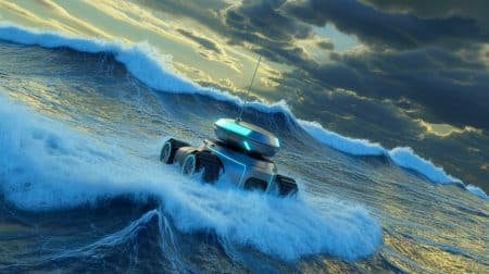 Illustration de C-Star, un robot marin collectant des données au cœur d'un ouragan de catégorie 5.