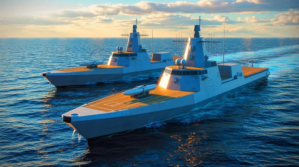 « Comment l’Allemagne pilote ses missiles sans équipage » : les secrets d’une flotte navale entièrement automatisée Illustration de navires autonomes allemands équipés de systèmes de missiles dans le cadre d'une stratégie navale innovante.