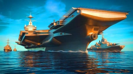 Illustration de la montée en puissance maritime chinoise avec le porte-avions Type 004, symbole de suprématie navale.