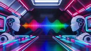 Illustration de la conversation entre deux intelligences artificielles utilisant un langage sonore incompréhensible pour les humains.
