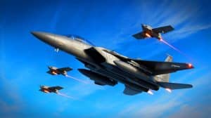 Illustration de l'évolution technologique du F-15EX Eagle II intégrant des drones autonomes pour une stratégie aérienne moderne.