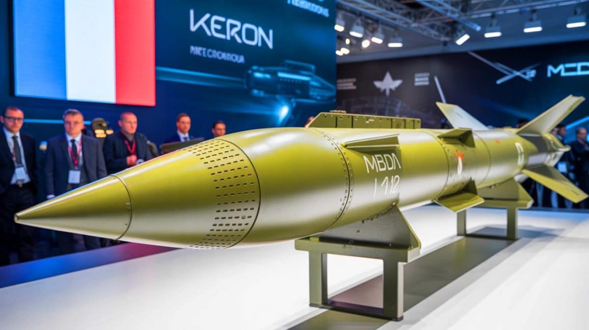 Illustration de la présentation du missile Akeron MBT 120 par MBDA au salon DSEI de Londres.