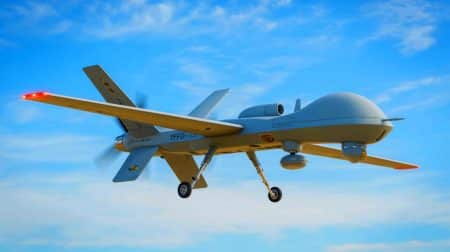 Illustration de l'avion de combat autonome YFQ-42, intégrant l'intelligence artificielle et redéfinissant la stratégie militaire moderne.