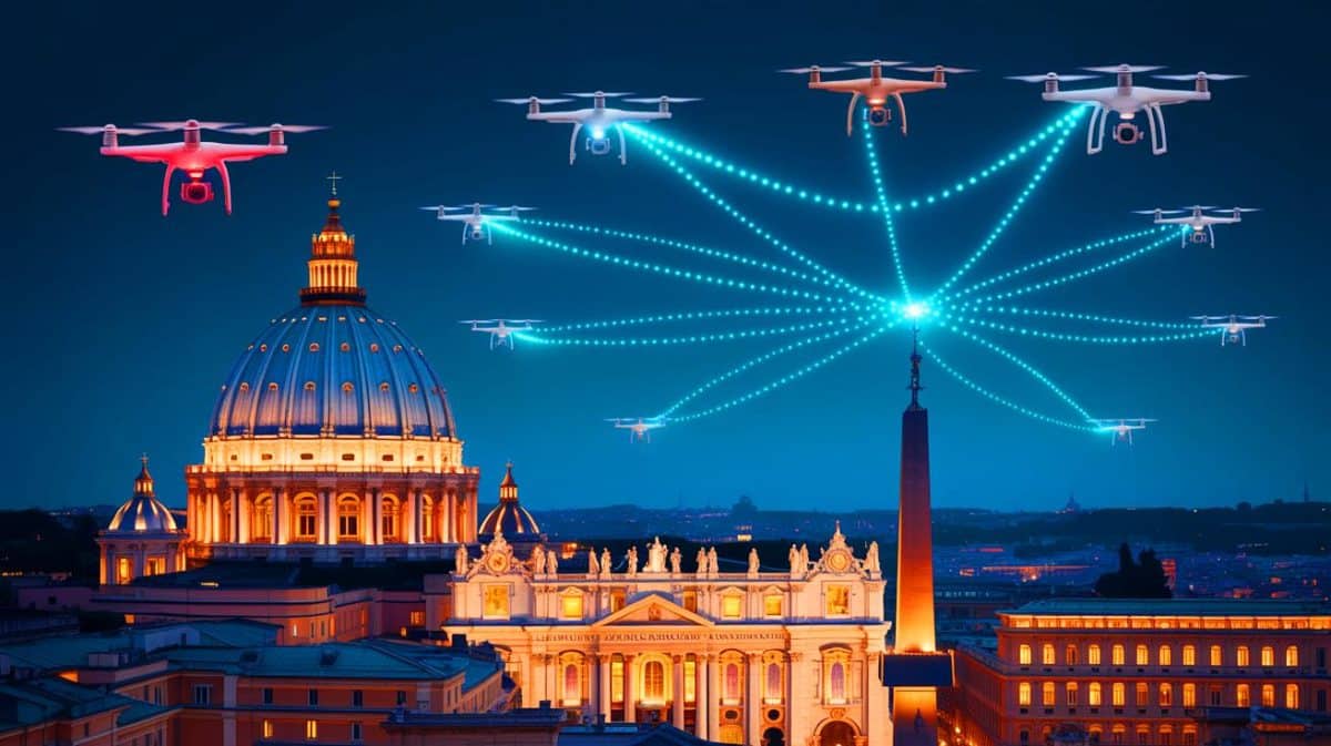 Illustration de l'essaim de drones illuminant le ciel du Vatican sous la direction de Kimbal Musk.