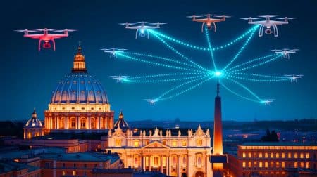 Illustration de l'essaim de drones illuminant le ciel du Vatican sous la direction de Kimbal Musk.