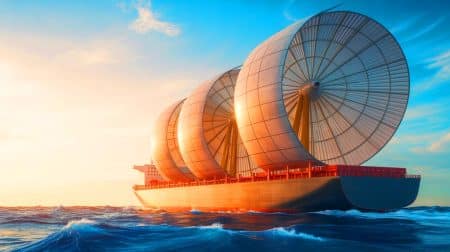 Illustration de l'innovation maritime avec le cargo Grand Pioneer équipé de voiles rotatives géantes.