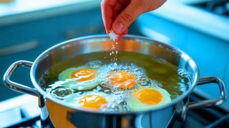 Illustration de l'effet du sel sur la coagulation des protéines lors de la cuisson des œufs.
