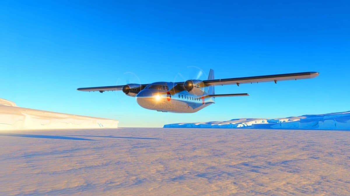 Illustration de l'expédition aérienne du British Antarctic Survey vers la station Rothera en Antarctique.