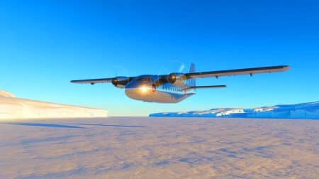 Illustration de l'expédition aérienne du British Antarctic Survey vers la station Rothera en Antarctique.