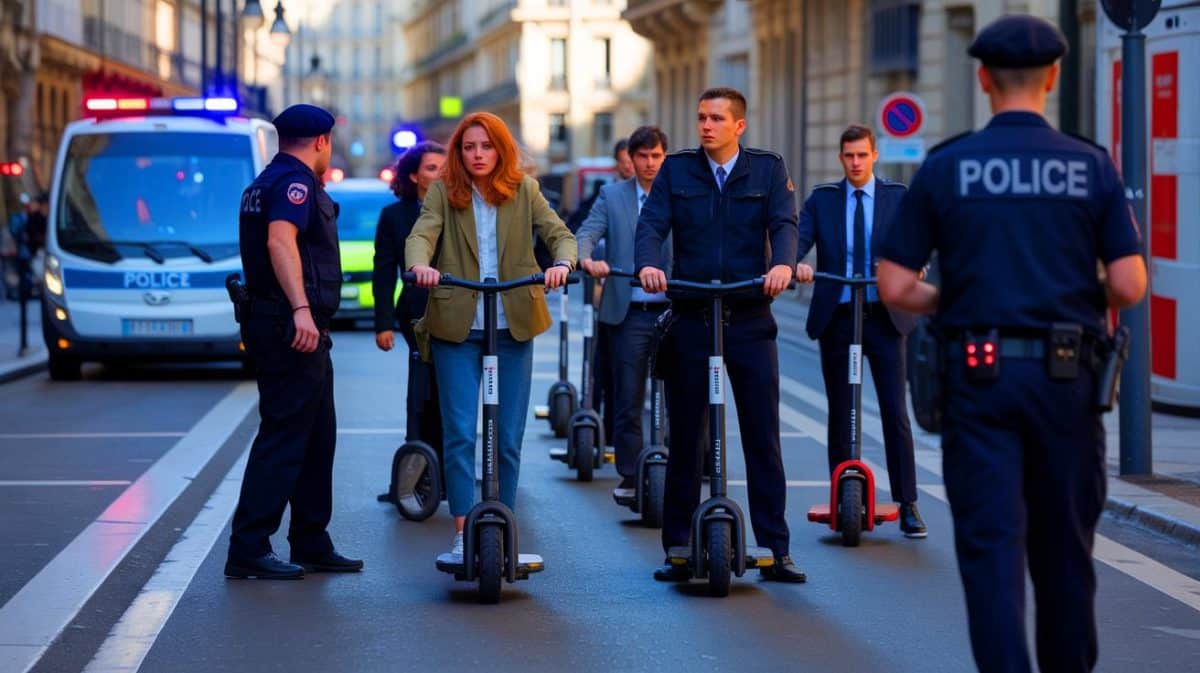 « Trottinettes électriques : la police passe à l’action » : des amendes jusqu’à 1500 € déclenchent la colère des utilisateurs Illustration de la surveillance policière des trottinettes électriques en ville pour contrôler leur vitesse.