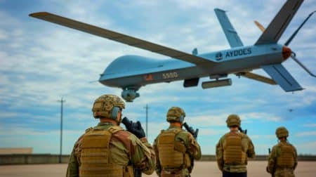 Illustration de l'armée américaine renforçant ses blindés avec des protections anti-drones innovantes.
