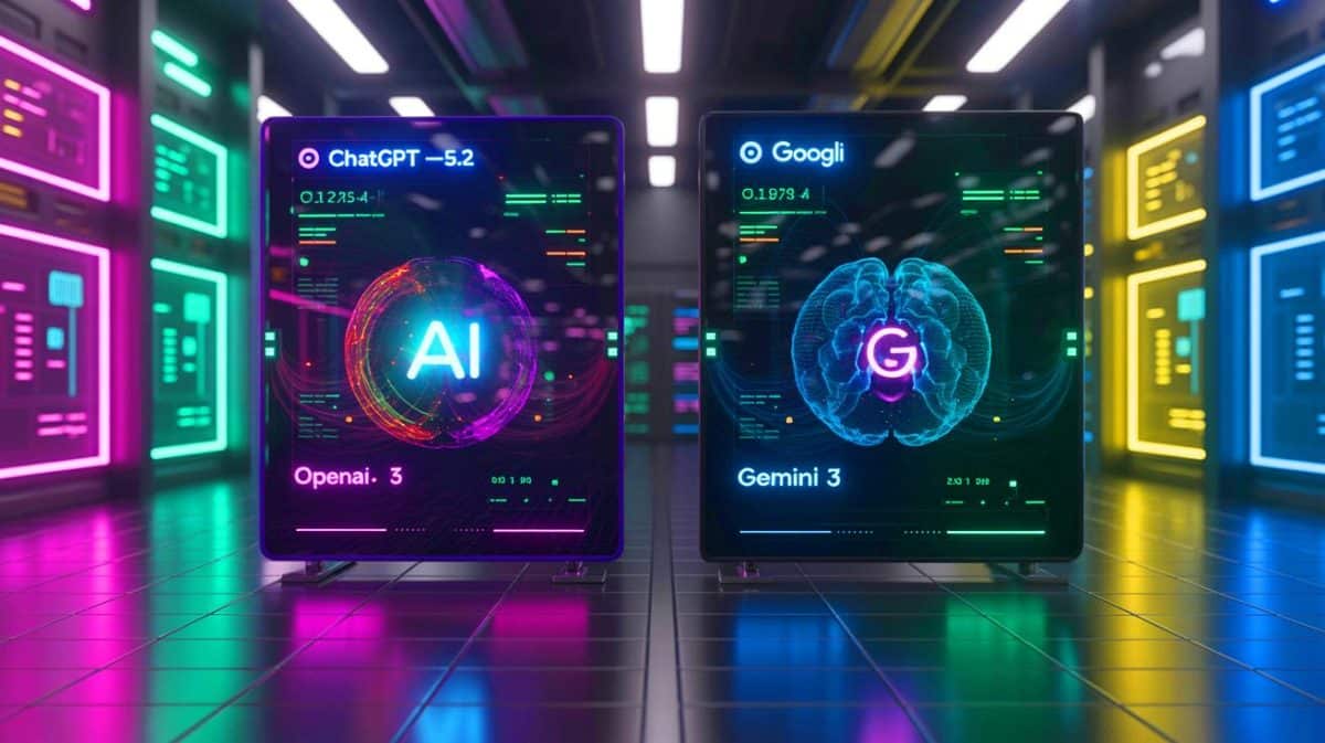 Illustration de la rivalité entre ChatGPT-5.2 d'OpenAI et Gemini 3 dans le domaine de l'intelligence artificielle.