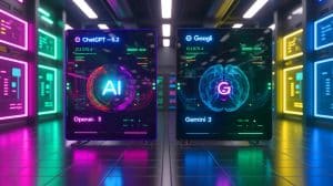 Illustration de la rivalité entre ChatGPT-5.2 d'OpenAI et Gemini 3 dans le domaine de l'intelligence artificielle.