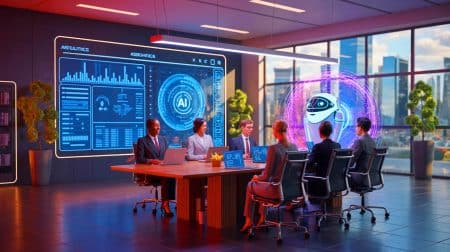 Illustration de l'intégration de l'intelligence artificielle dans un espace de travail collaboratif pour optimiser la productivité.